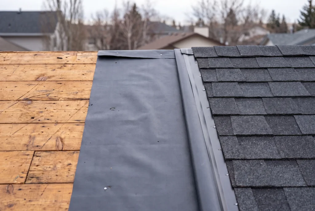Calgary roof mid-replacement showing bare decking, protective underlayment and new shingles